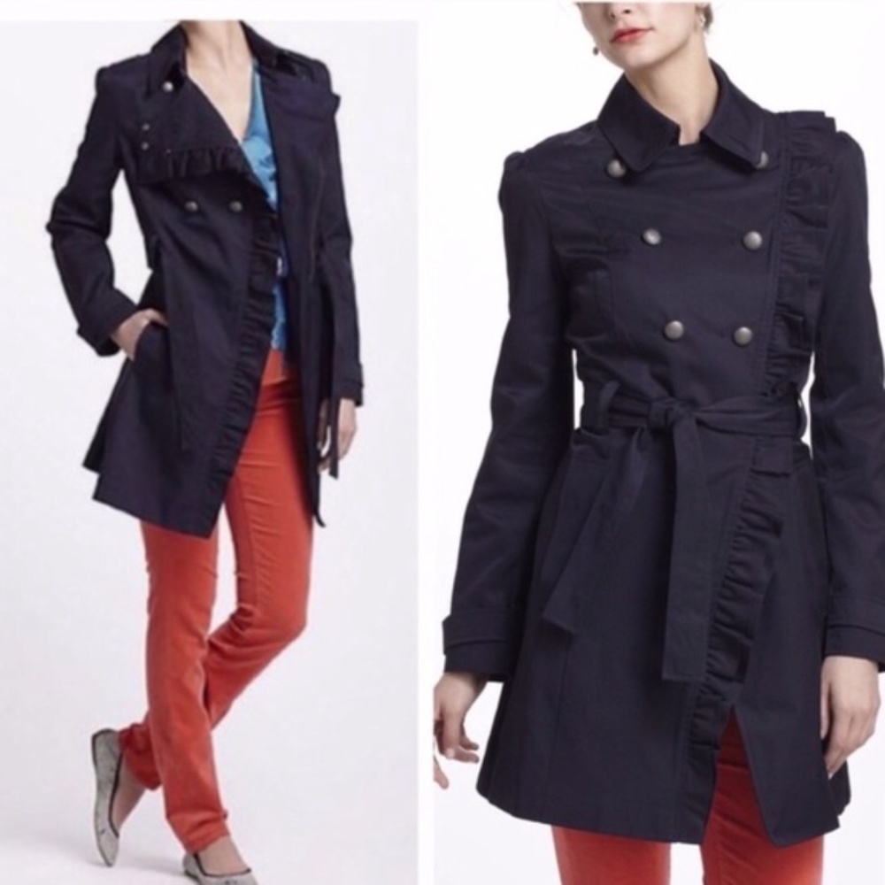 Elevenses Anthropologie ruffle trench navy coat